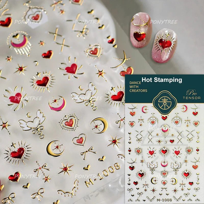 Red Sexy Love Heart Flower Hot Stamping Wing Star Moon Bowknot Sun Punk Adhesive Nail Art Decorations Stickers Manicure Decals (ONLINE ORDER ONLY)