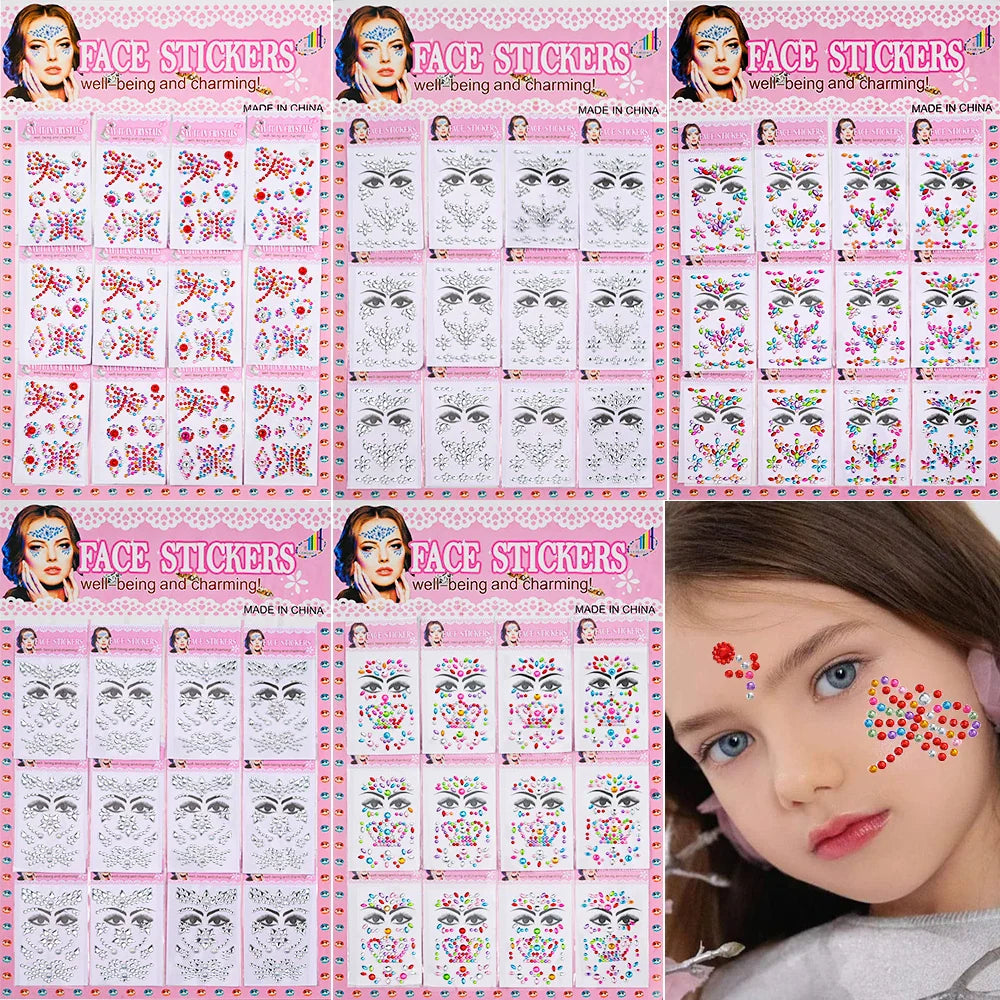 12Pcs 3D Stickers On The Face Rhinestone Makeup Bright Face Art Sticker Girl's Temporary Tattoo Rhinestone For Strasse Makeup &* (Online Order Only)