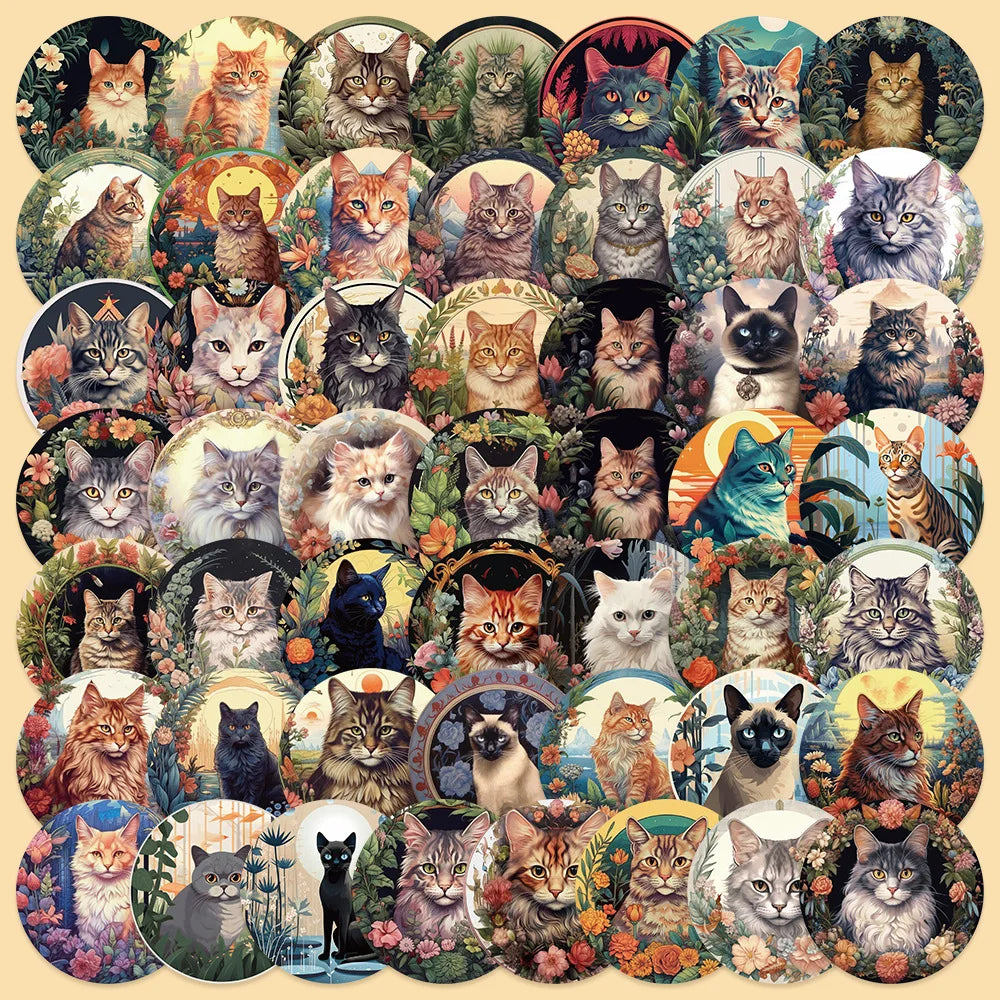 50pcs Cartoon Plants & Kittens Stickers for Helmet, Wall, DIY Decoration (Online Order Only)
