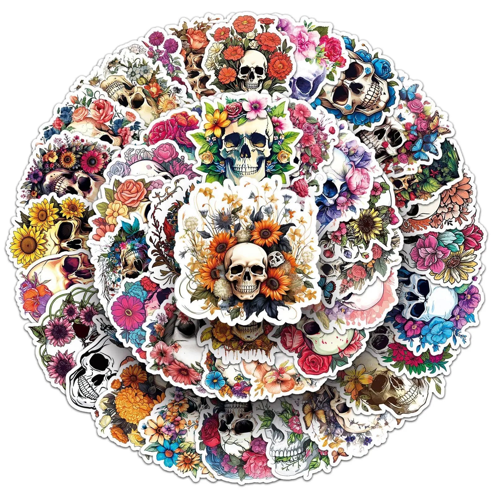 10/50pcs Punk Style Skull Flowers Stickers Aesthetic Graffiti Decals For Fidge Motorcycle Luggage PVC Waterproof Cool Sticker (ONLINE ORDER ONLY)