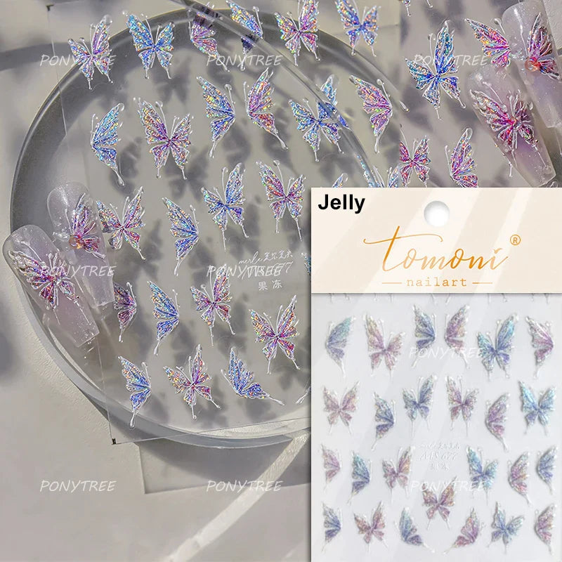 Delicate Dreamy Petal Star Tulip Flower Purple Bowknot Butterfly Illusion Chic Relief Adhesive Nail Art Stickers Manicure Decals (Online Order Only)