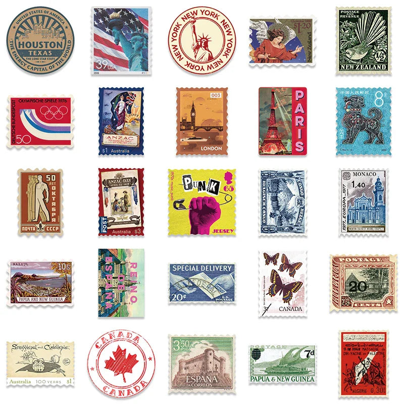 10/30/50PCS Vintage Travel Sticker Stamps Designs Sticker Packs (ONLINE ORDER ONLY)