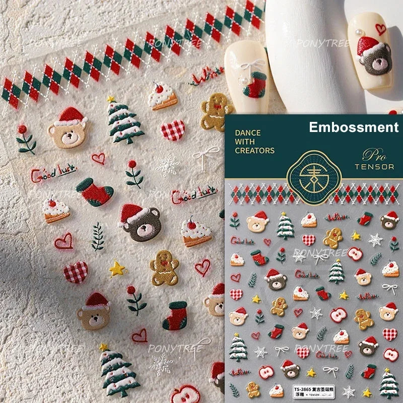 Apple Bear Bunny Snowman Winter Tree Bell Dog Self Adhesive Nail Art Stickers Snowflake Santa Claus Rhinestone Manicure Decals (ONLINE ORDER ONLY)