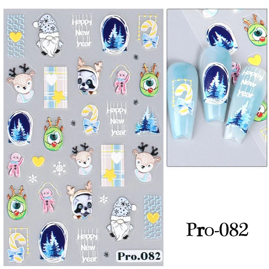 Cute Deer Christmas Nail Stickers 5D Embossed Elk Star Gingerbread Man Snowflake Santa Claus Holly DIY Winter Engraved Manicure* (ONLINE ORDER ONLY)