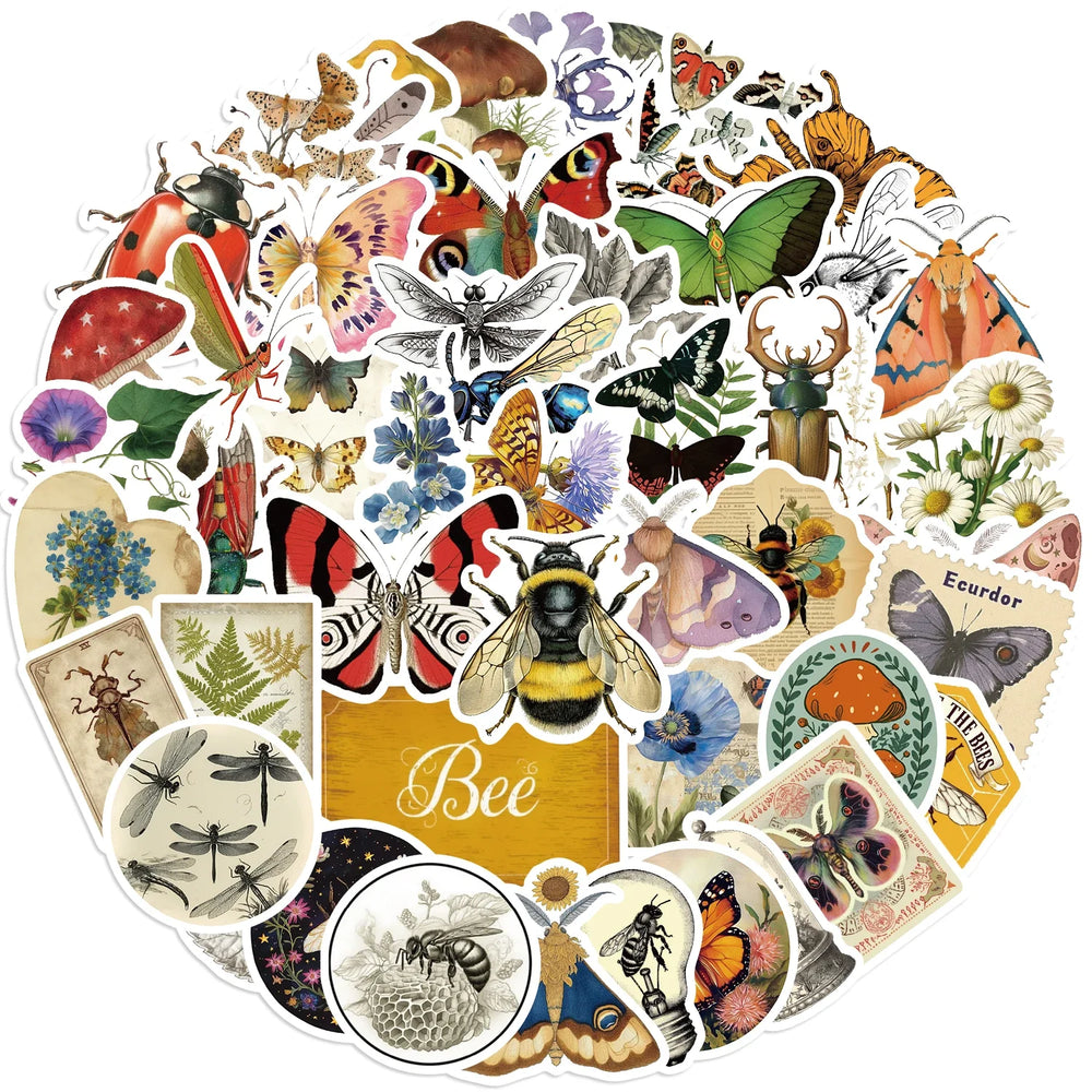 50pcs Retro Insects Stickers Toys Cute Animals Cartoon Decals For Kids DIY Laptop Scrapbook Stationery Fridge Funny Sticker (Online Order Only)