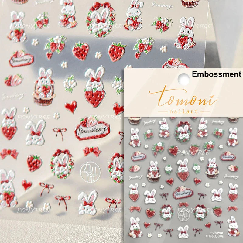 Pink Transparent Strawberry Leopard Print Metal Silver Fruit Lovely Self Adhesive Nail Art Stickers 5D Manicure Decals Wholesale (ONLINE ORDER ONLY)