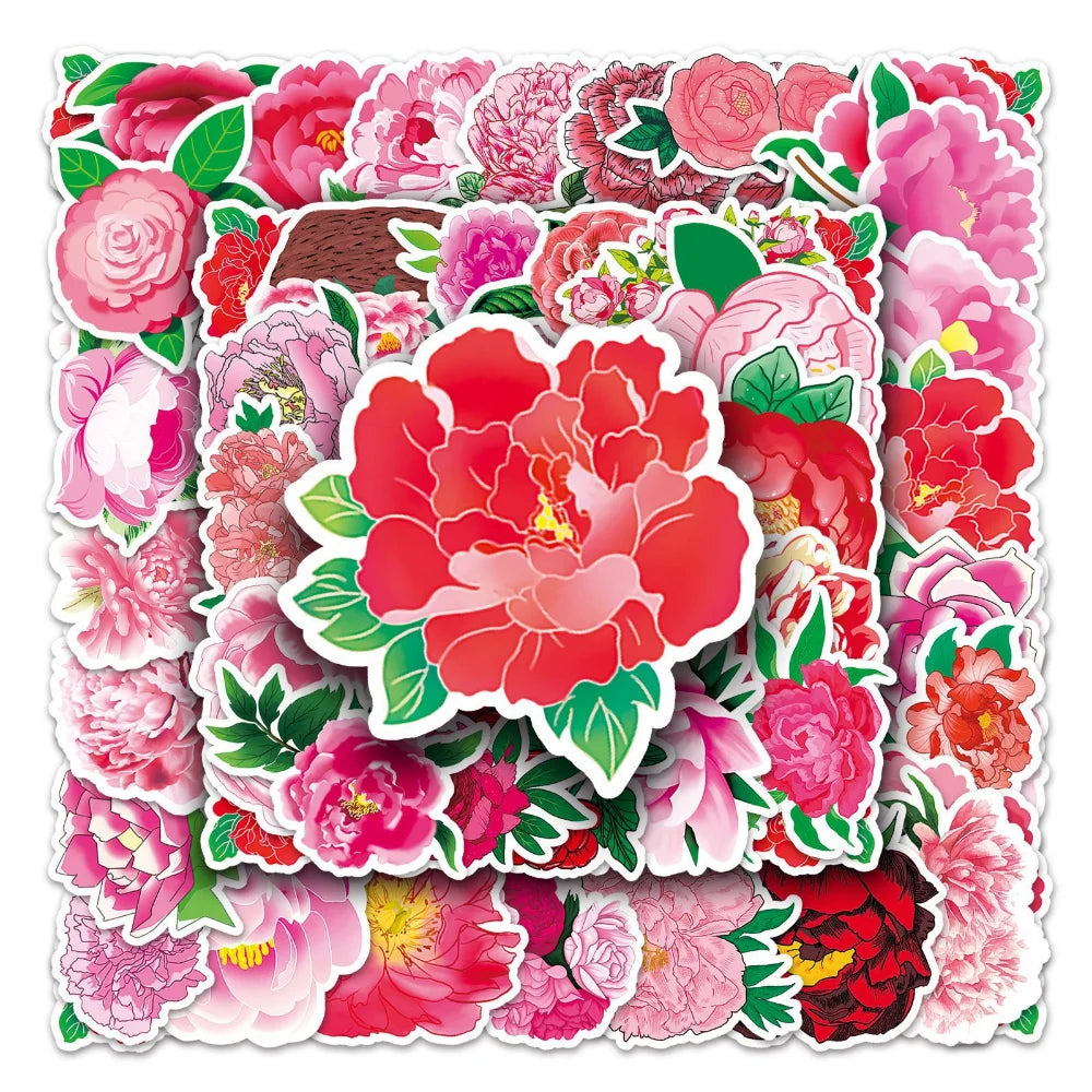10/50Pcs Peony Stickers Cartoon Stickers Graffiti Decals Waterproof Motorcycle Luggage Guitar Skateboard Kid Gift Sticker (Online Order Only)