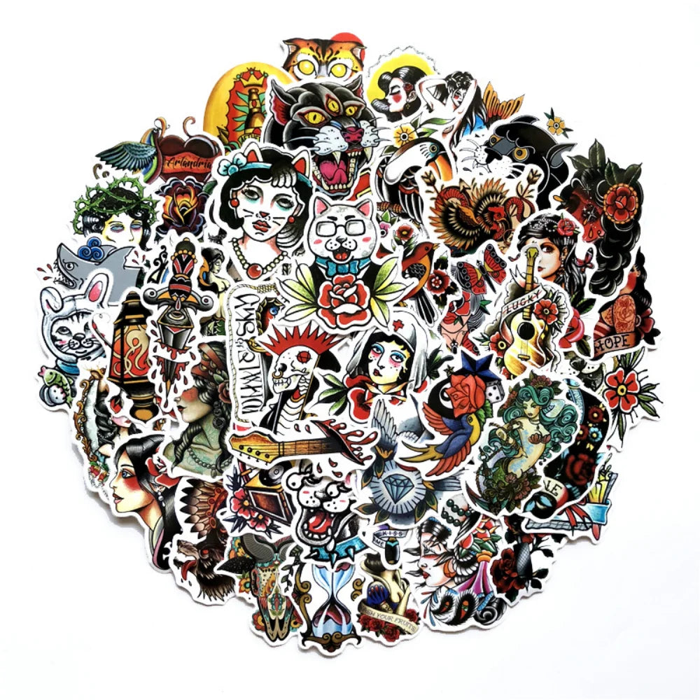 50/100Pcs Retro Old School Tattoo Style Sticker Refrigerator Skateboard Trolley Case Decals Backpack Tables Waterproof Sticker (Online Order Only)