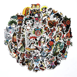 50/100Pcs Retro Old School Tattoo Style Sticker Refrigerator Skateboard Trolley Case Decals Backpack Tables Waterproof Sticker (Online Order Only)
