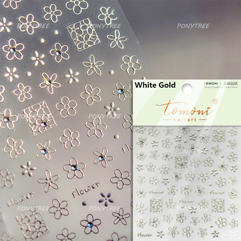 Hot Stamping Laser Silver Pink White Flower Rhinestone Pearl Irregular Petal Adhesive Nail Art Decoration Sticker Manicure Decal (ONLINE ORDER ONLY)