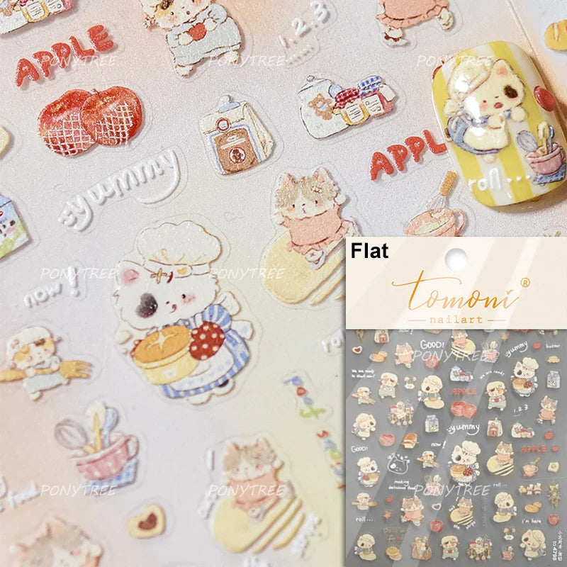 Cream Wind Cat Rabbit Kitten Bunny Bowknot Flower Butterfly Cake Cherry Tulip 5D Self Adhesive Nail Art Stickers Manicure Decals (Online Order Only)