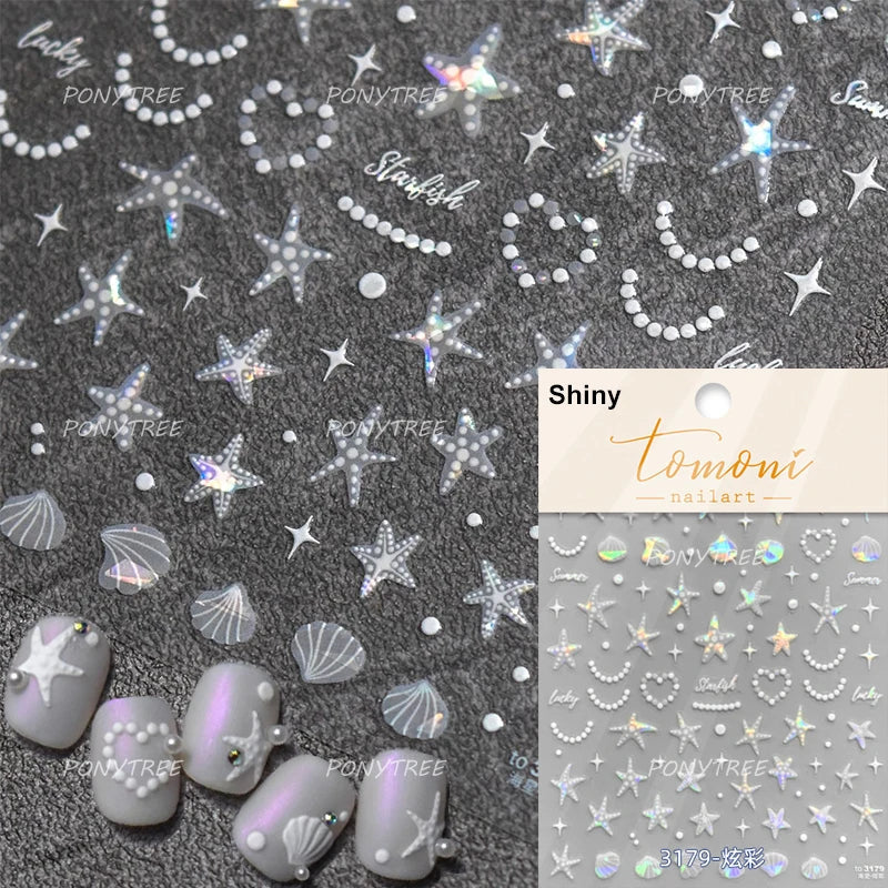 Pink Star Oceanic Shell Starfish Conch Bowknot Embossment Shiny Delicate 5D Chic Self Adhesive Nail Art Stickers Manicure Decals (Online Order Only)