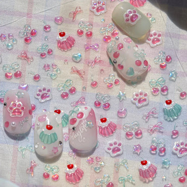 Colored Shiny Jelly Claw Paw Pudding Dessert Cherry Bowknot Cake Bow Tie Drink Food Love Heart Nail Art Sticker Manicure Decal (ONLINE ORDER ONLY)
