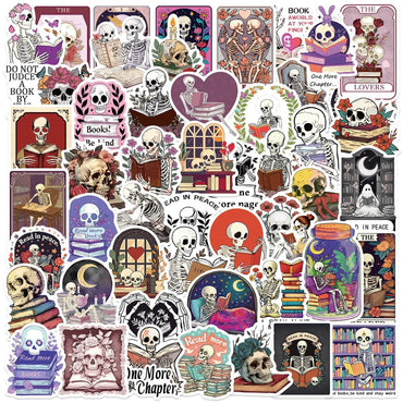 10/50PCS Funny Skeleton Skull Reading Book Stickers Kindle Aesthetic for Students Scrapbook Water Bottle Phone Laptop Sticker (Online Order Only)