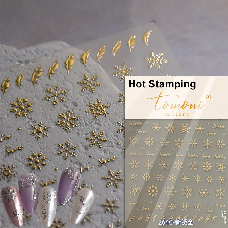 Hot Stamping Romantic White Gold Snowflakes Hexagon Winter 3D Self Adhesive Nail Art Stickers Shiny Rhinestone Manicure Decals (Online Order Only)