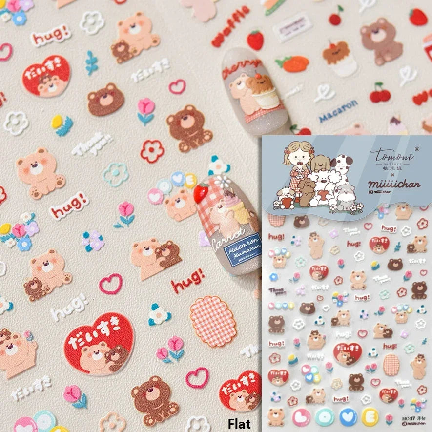 Retro Love Heart White Lace flower Bowknot Tie Pink Bear Flower Strawberry Adhesive Nail Art Stickers Rhinestone Manicure Decals (ONLINE ORDER ONLY)