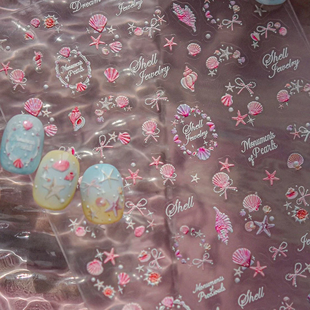 Pink Shell Necklace Starfish Swarm Star Conch Bowknot Dreamy Marine Relief Adhesive Nail Art Decoration Stickers Manicure Decals (ONLINE ORDER ONLY)