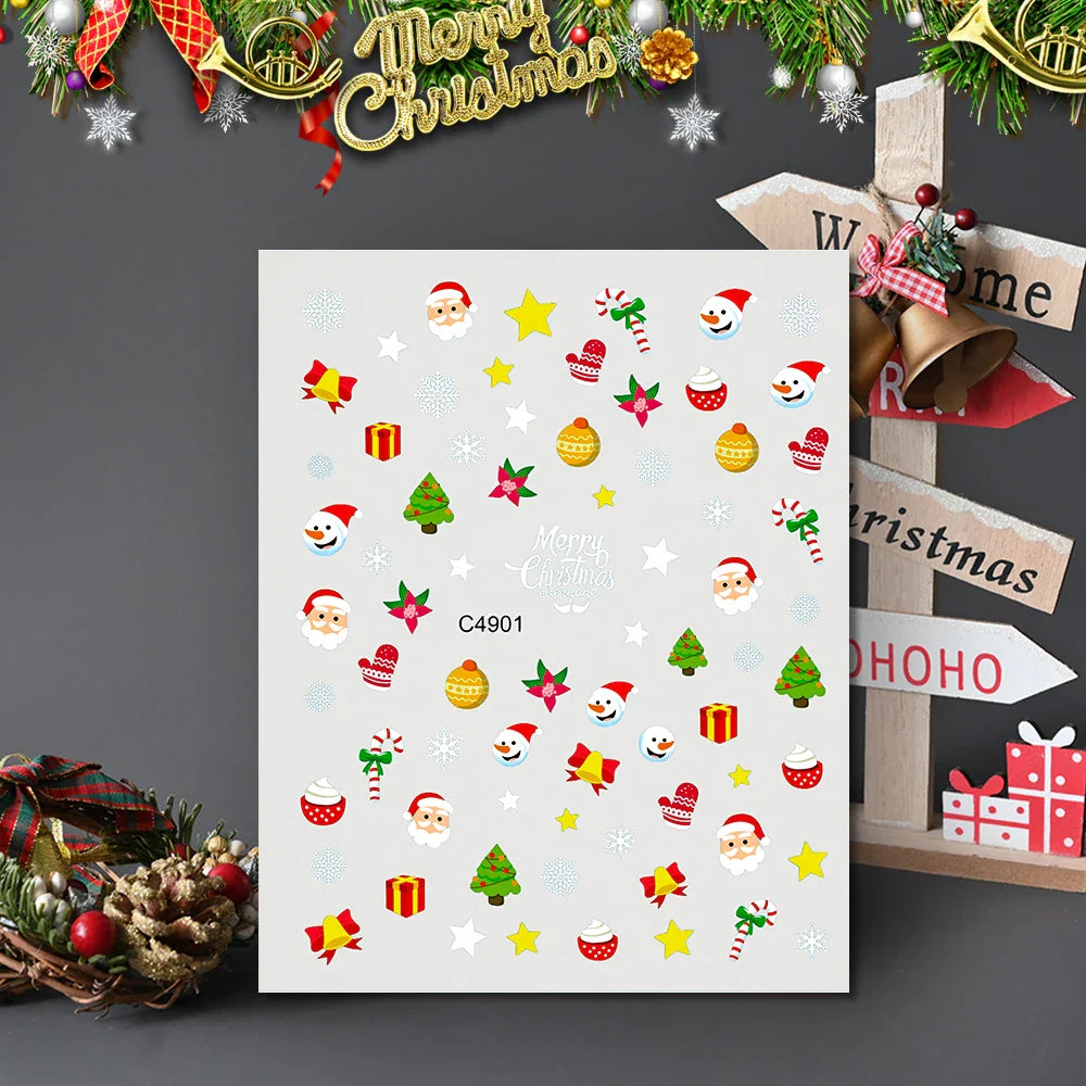 3D Gold Glitter Snowflake Nail Sticker Winter Reflective Elk Star Balloon Christmas Tree Foil Xmas New Year Decal Tips Decoratio (ONLINE ORDER ONLY)