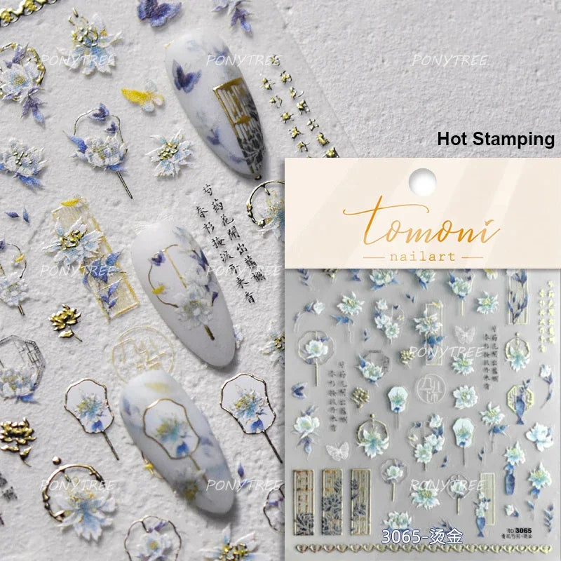 Retro Blue Lotus Flower Arrangement Vase Lantern Totem Pattern Bamboo Leaf Self Adhesive Nail Art Stickers Shiny Manicure Decals (ONLINE ORDER ONLY)