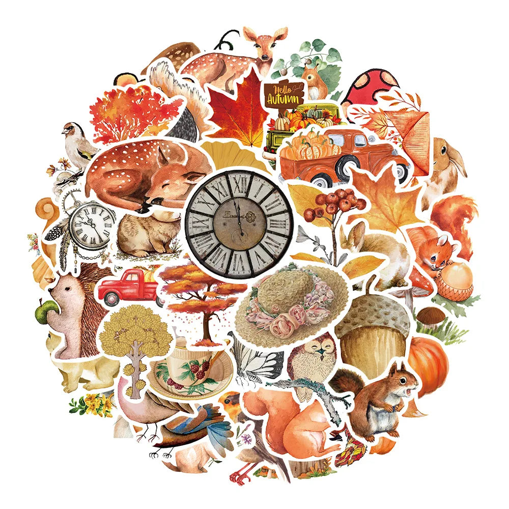 Vintage Autumn Forest Animal Stickers for Suitcase, Skateboard, Laptop, Luggage, Phone, Car - 10/30/50Pcs (ONLINE ORDER ONLY)