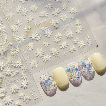 Cute Beige Yellow Pristine Fresh Daisy Flower 5D Shiny Soft Embossed Relief Charm Self Adhesive Nail Art Stickers Manicure Decal (ONLINE ORDER ONLY)