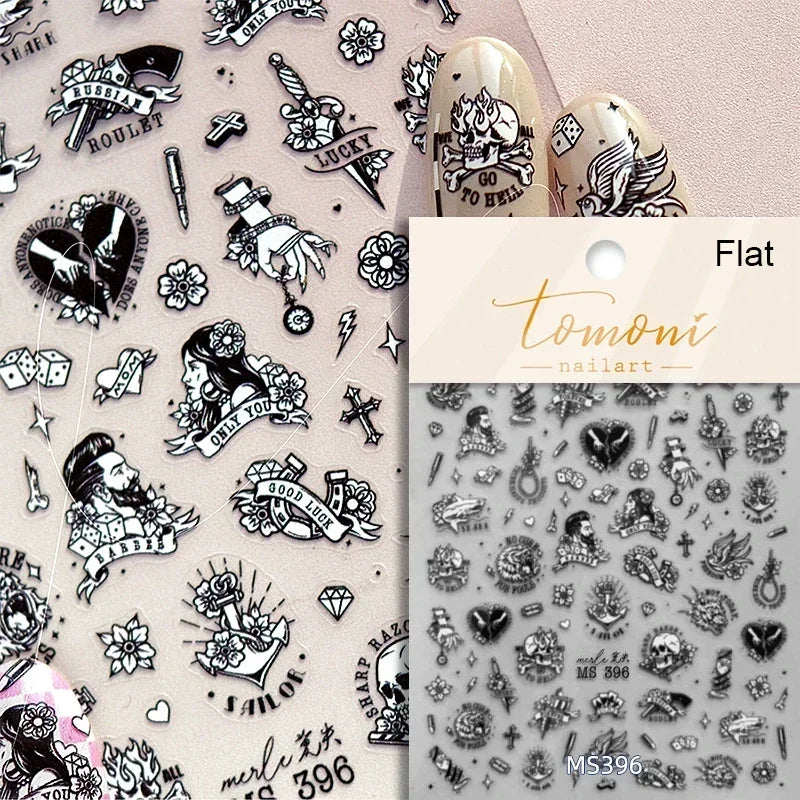 Retro Black Line Skull Man Woman 5D Embossed Relief Self Adhesive Nail Art Sticker Bear Bunny Hand Bird Horror 3D Manicure Decal (Online Order Only)
