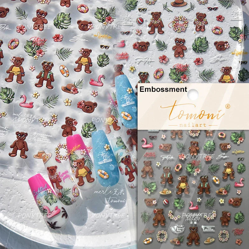 Lovely Bear Strawberry Cake Rose Flower Grid Block Bowknot Embossed Relief Self Adhesive Nail Art Sticker Cute 3D Manicure Decal (ONLINE ORDER ONLY)