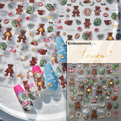 Lovely Bear Strawberry Cake Rose Flower Grid Block Bowknot Embossed Relief Self Adhesive Nail Art Sticker Cute 3D Manicure Decal (ONLINE ORDER ONLY)