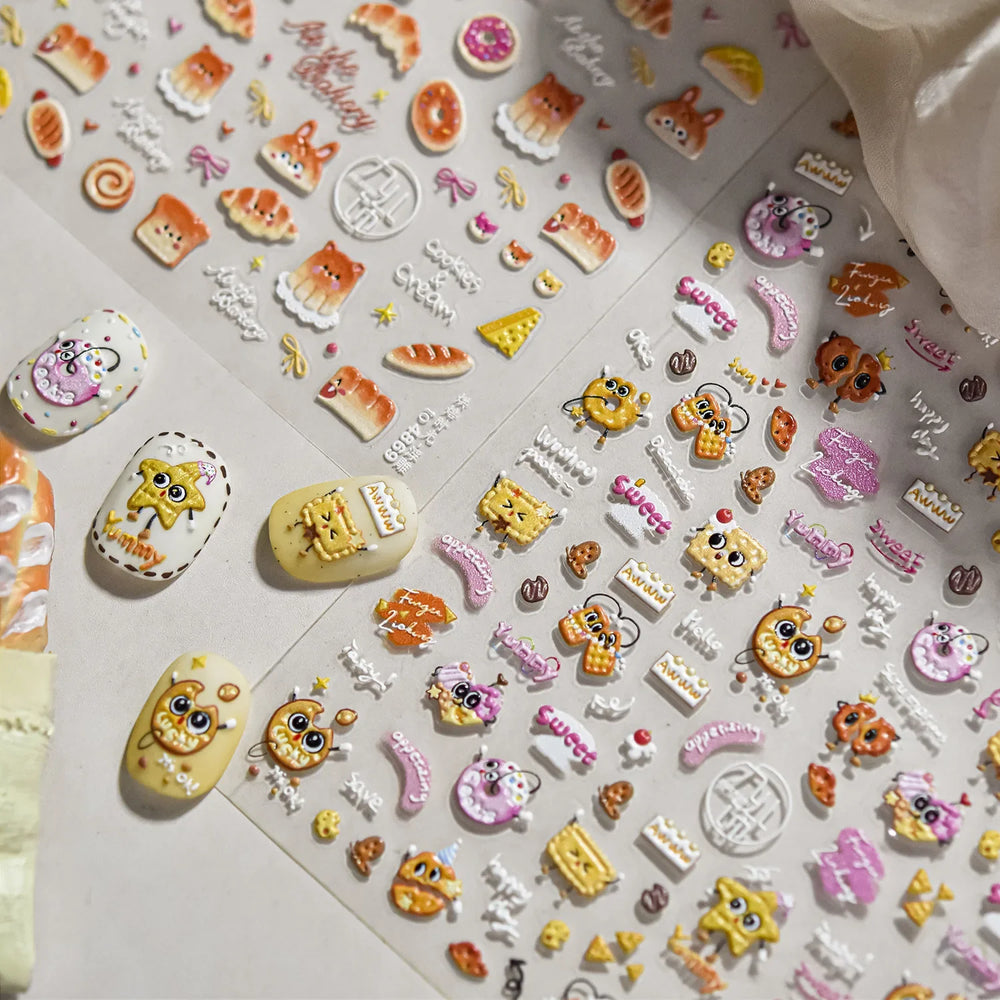 Cute Food Dog Baking Cookies Bread Rabbit Cheese Pudding Croissant Doughnut Adhesive Nail Art Decoration Sticker Manicure Decals (ONLINE ORDER ONLY)