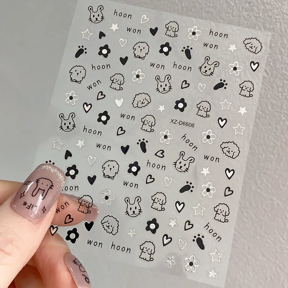 1Pc 3D Cute Black Silver Smile Dog Decals Y2K Cartoon Cat Footprint Nail Stickers Graffiti Star Heart DIY Manicure Slider Decor* (ONLINE ORDER ONLY)