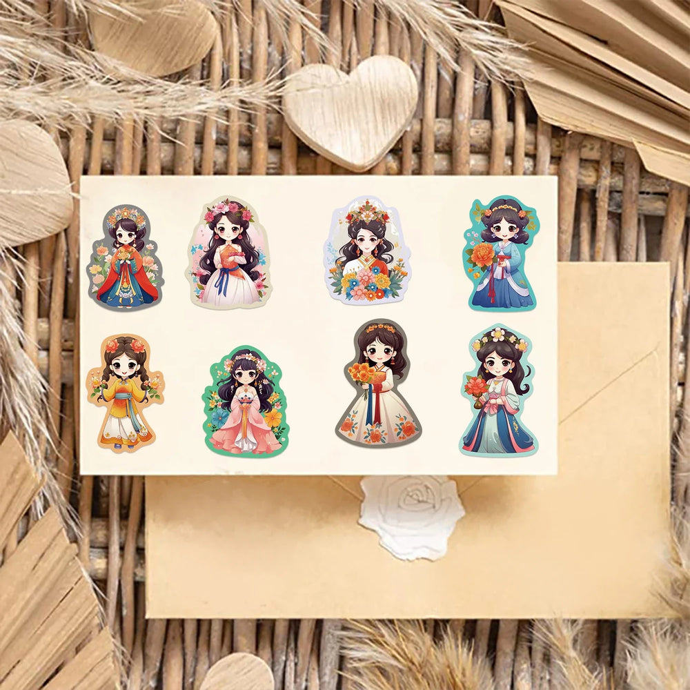 50Pcs Q Version Chinese Ancient Costume Flower Princess Girl Sticker for Kids Toy Decoration Guitar Luggage DIY Waterproof Decal (ONLINE ORDER ONLY)