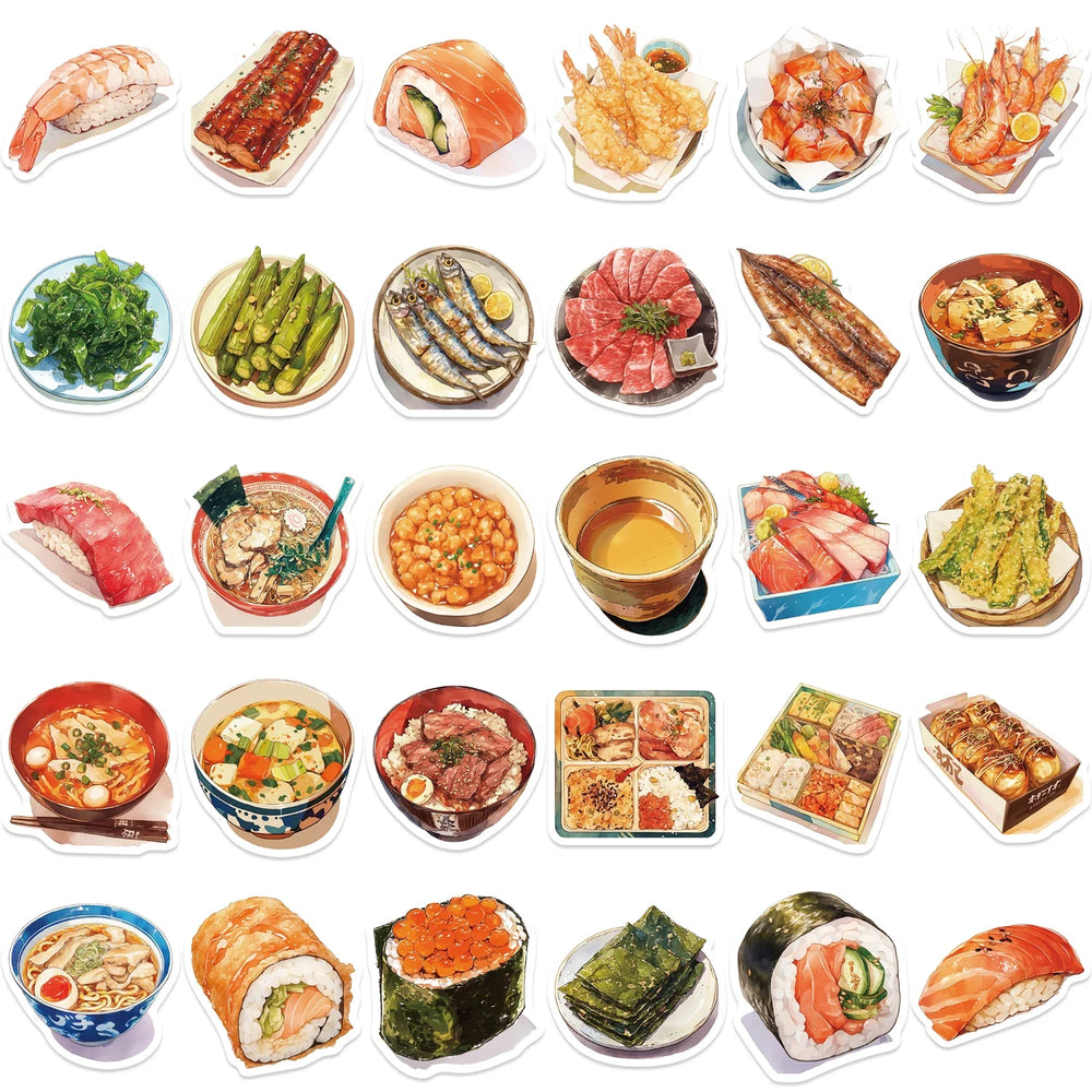 30Pcs Japanese Gourmet Food Stickers for Laptop Scrapbook Waterproof Cartoon Graffiti Decals Cute Sticker Toys Decor (Online Order Only)