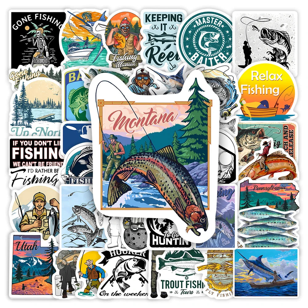 Fishing Hobby Illustration Stickers DIY Toy Gift Waterproof Decal for Laptop Scrapbook Phone Bottles Decorative (ONLINE ORDER ONLY)