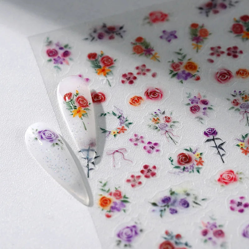 Rose Flower Garden Soft Embossment Adhesive Nail Art Stickers Charming Rhinestone Manicure Decals Nail Supplies for Professional (ONLINE ORDER ONLY)