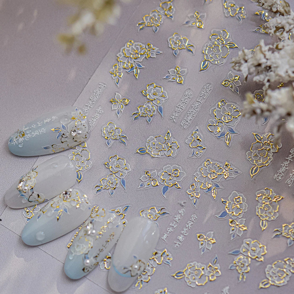 Camellia Tea After Rain Fragrant Flower Paint in Gold White Antique Chinese Characters Adhesive Nail Art Stickers Manicure Decal (ONLINE ORDER ONLY)