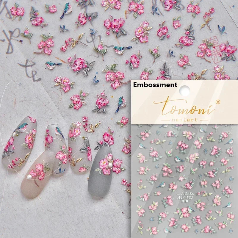 Gradient Coloredful Flower Petal Green Leaf Dreamy Shiny Chinese Rose Fantasy Relief Adhesive Nail Art Stickers Manicure Decals (Online Order Only)