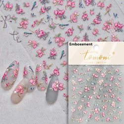 Gradient Coloredful Flower Petal Green Leaf Dreamy Shiny Chinese Rose Fantasy Relief Adhesive Nail Art Stickers Manicure Decals (Online Order Only)