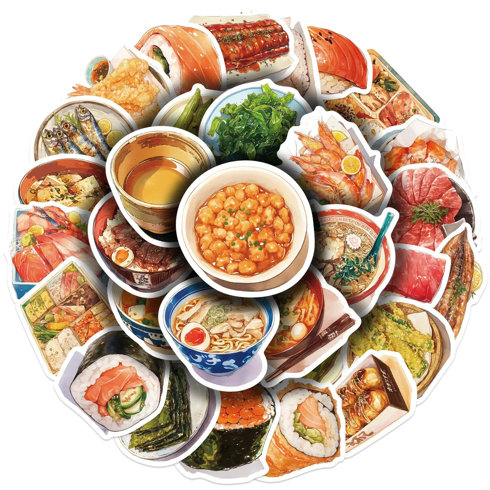 30Pcs Japanese Gourmet Food Stickers for Laptop Scrapbook Waterproof Cartoon Graffiti Decals Cute Sticker Toys Decor (Online Order Only)