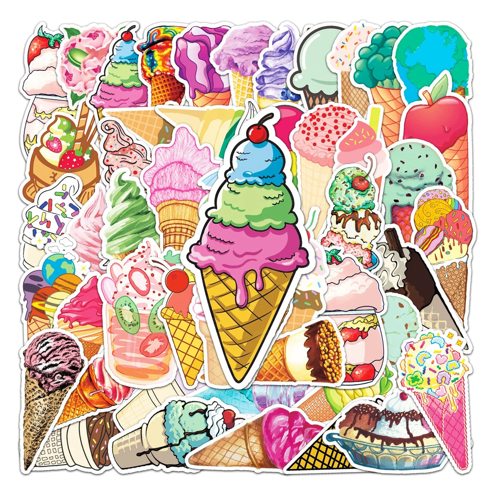50Pcs Ice Cream Cartoon Waterproof Vinyl Stickers for Skateboard Snowboard Decals (Online Order Only)