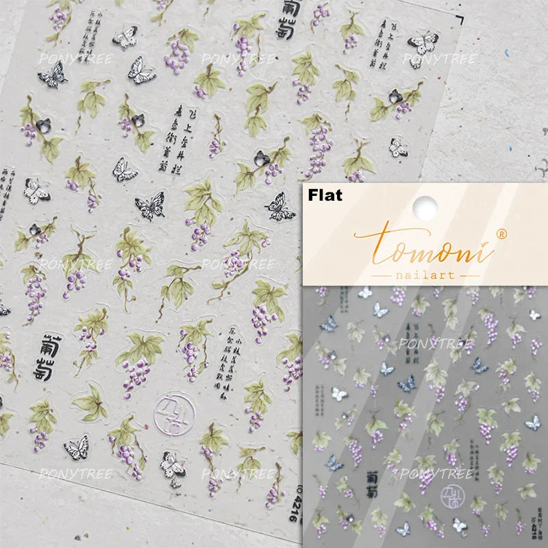 Antique Flowers Bird Swallow Fruit Narcissus Orchid Oranges Peaches Grape Cherry Strawberries Nail Art Stickers Manicure Decals (ONLINE ORDER ONLY)