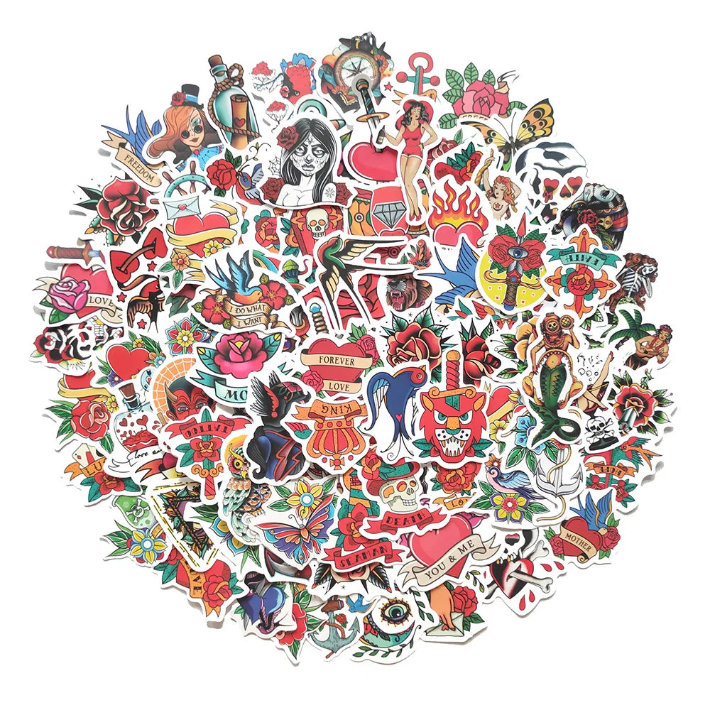 50/100Pcs Retro Old School Tattoo Style Sticker Refrigerator Skateboard Trolley Case Decals Backpack Tables Waterproof Sticker (Online Order Only)
