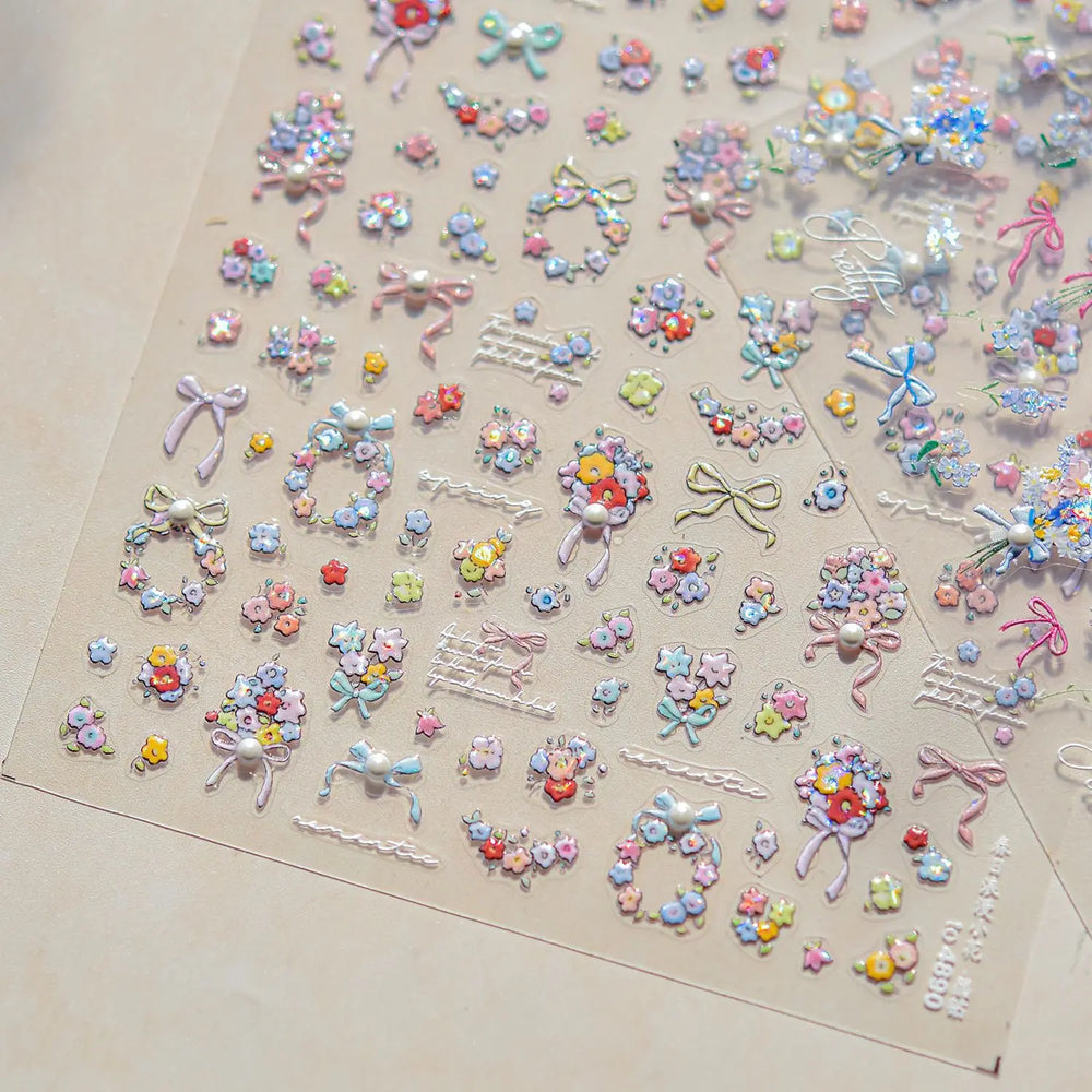 Cute Spring Flowers Purple Blue White Bowknot Rose Garden Daisy 5D Soft Embossed Relief Adhesive Nail Art Sticker Manicure Decal (ONLINE ORDER ONLY)