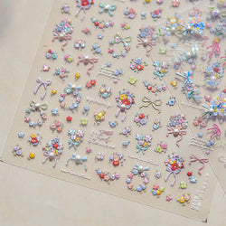 Cute Spring Flowers Purple Blue White Bowknot Rose Garden Daisy 5D Soft Embossed Relief Adhesive Nail Art Sticker Manicure Decal (ONLINE ORDER ONLY)
