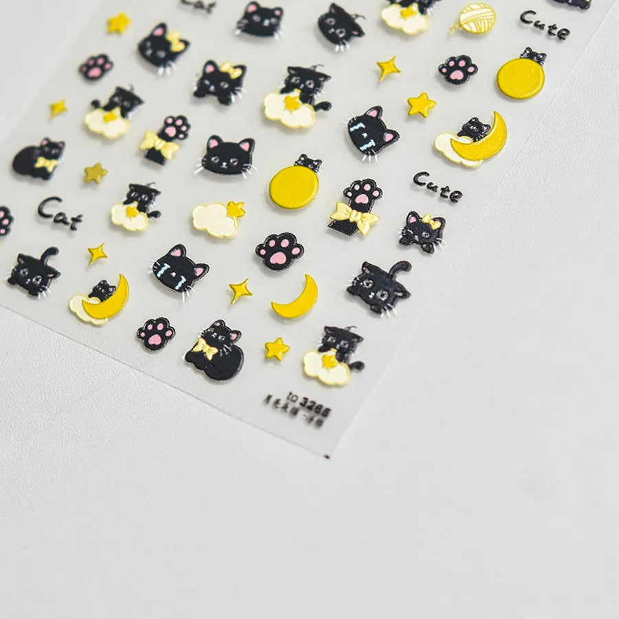 Cartoon Black Kitten Cute Cat Star Moon Bowknot Cat's Paw Flaky Cloud Self Adhesive Nail Art Decoration Stickers Manicure Decals (ONLINE ORDER ONLY)