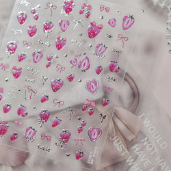 Cute Pink Tempting Strawberries Attractive Fruit Cutting Line Bowknot Star Silver Stamping Chic Nail Art Stickers Manicure Decal (ONLINE ORDER ONLY)