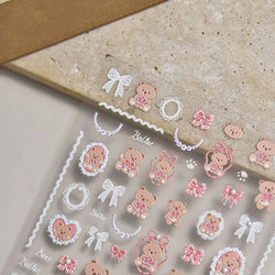 Retro Love Heart White Lace flower Bowknot Tie Pink Bear Flower Strawberry Adhesive Nail Art Stickers Rhinestone Manicure Decals (ONLINE ORDER ONLY)
