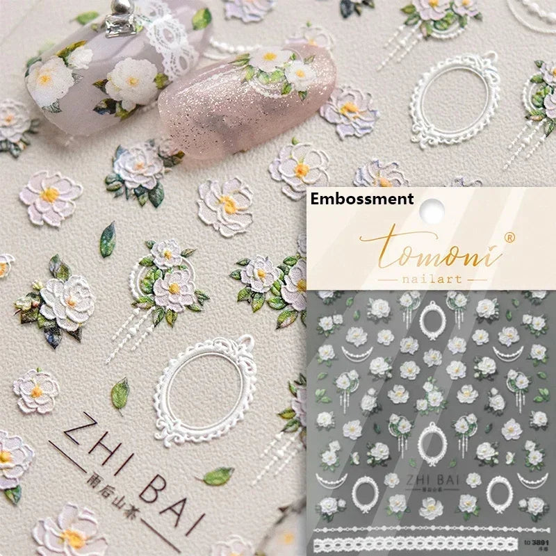 Chic Retro Rose Photo Frame Dried Flower Petal Self Adhesive Nail Art Stickers 5D Hot Stamping Relief Rhinestone Manicure Decals (Online Order Only)