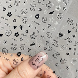 1Pc 3D Cute Black Silver Smile Dog Decals Y2K Cartoon Cat Footprint Nail Stickers Graffiti Star Heart DIY Manicure Slider Decor* (ONLINE ORDER ONLY)