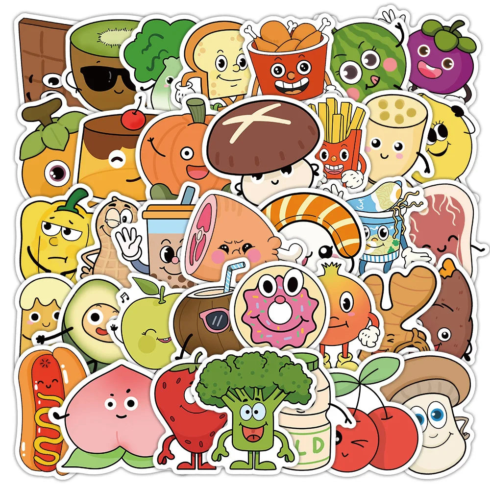 Cartoon Food Stickers Pack: Waterproof Decals for Luggage, Laptop, Guitar, Skateboard, Bicycle, Car (ONLINE ORDER ONLY)