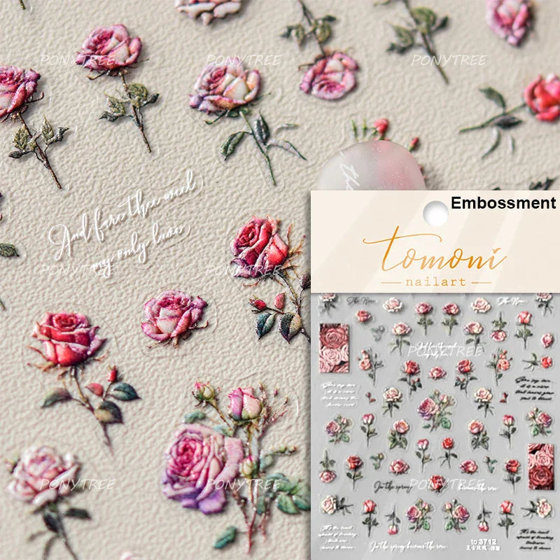 Watercolor Style Colourful Rose Flower Embossment Romantic Garden 5D Self Adhesive Nail Art Decoration Stickers Manicure Decals (ONLINE ORDER ONLY)